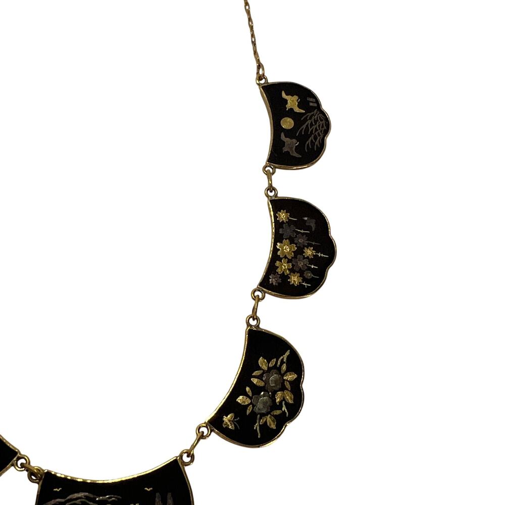 Vintage Japanese Damascene Landscape Fan Bib Statement Necklace Made In Japan - Picture 3 of 14